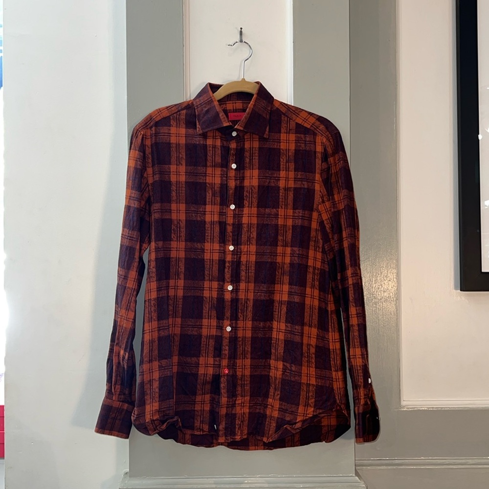 Isaia Mens Flannel Shirt. Neck 15.5, Sleeve 36 Inches. Retail $795